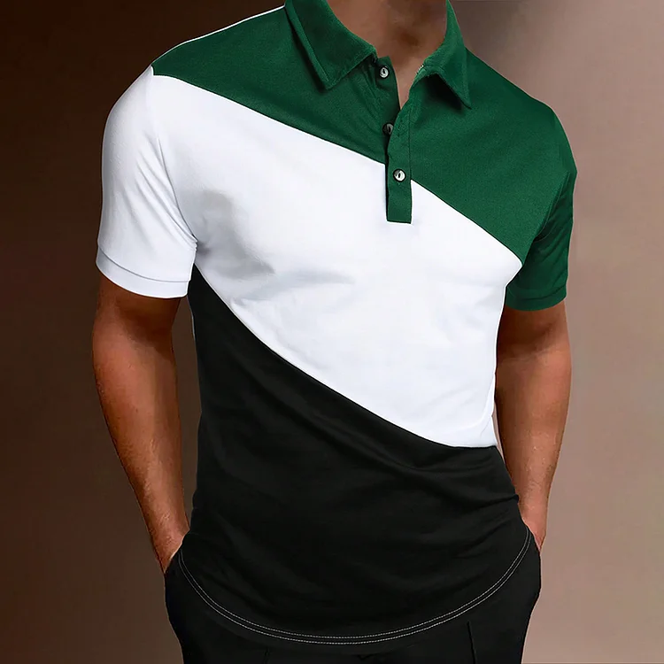 BrosWear Fashion Colorblock Green Short Sleeved Button Polo Shirt