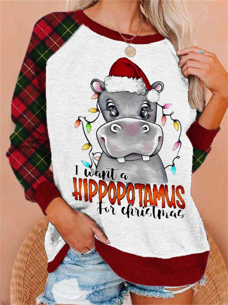 Wearshes Cute Christmas Hippo Check Long Sleeve Sweatshirt