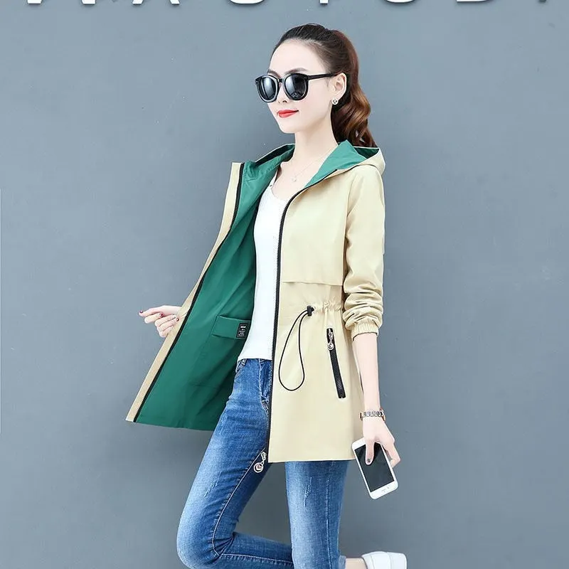 Spring Autumn Women's Trench Coat New Double-sided Wear Plus Size 5XL Hooded Mid Long Outerwear Female Windbreaker Basic Coats