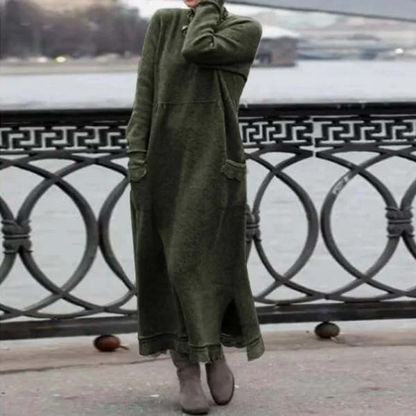 Women's Winter Dress Crew Neck Long Sleeve Solid Lace Hem Maxi Dress