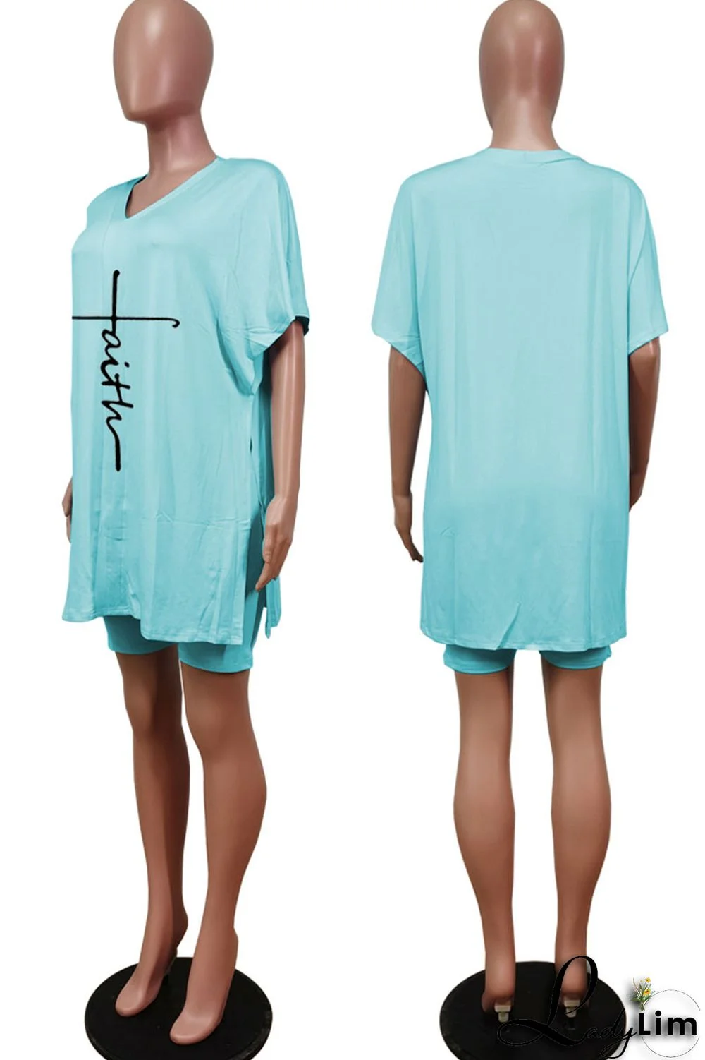 Tangerine Red Casual Print Split Joint V Neck Short Sleeve Two Pieces