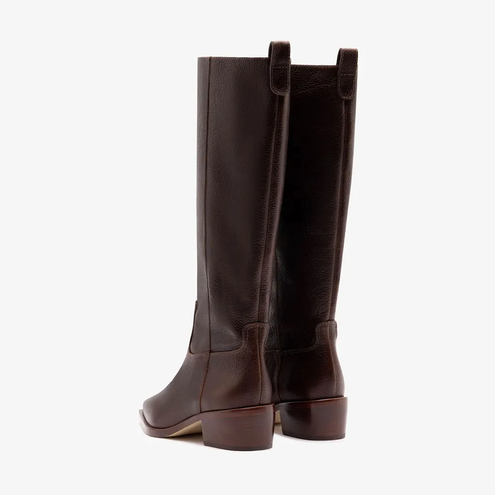 Women's Mid Block Heel Chocolate Brown Slip On Pointed Toe Boots