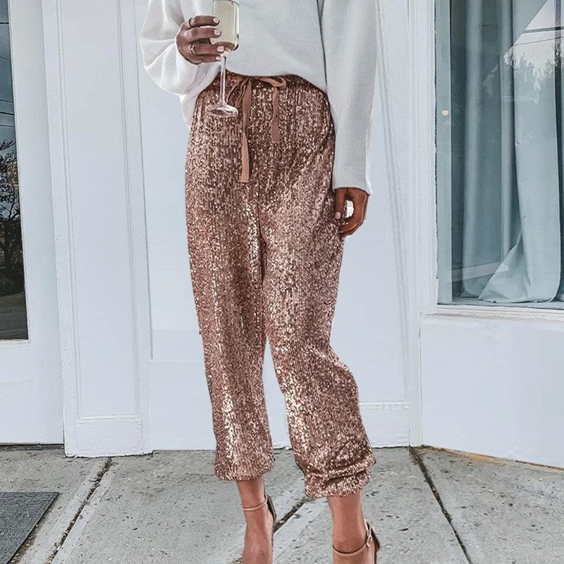 Uveng Sequin Sequined High Waist Leg Ruffled Pants