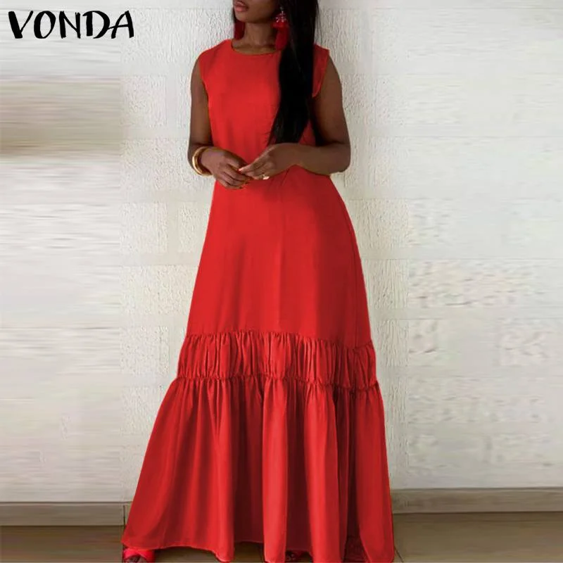 Summer Tank Dress 2022 VONDA Casual Solid Sexy Sleeveless Long Maxi Dresses  Bohemian Vestidos Femme Sundress