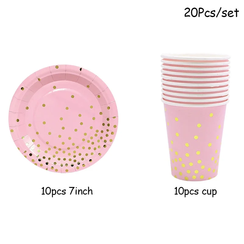 Gold Pink Disposable Tableware Set Paper Plates Cup Napkin Baby 1st Birthday Party Decor Baby Shower Girl Party Supplies Balloon