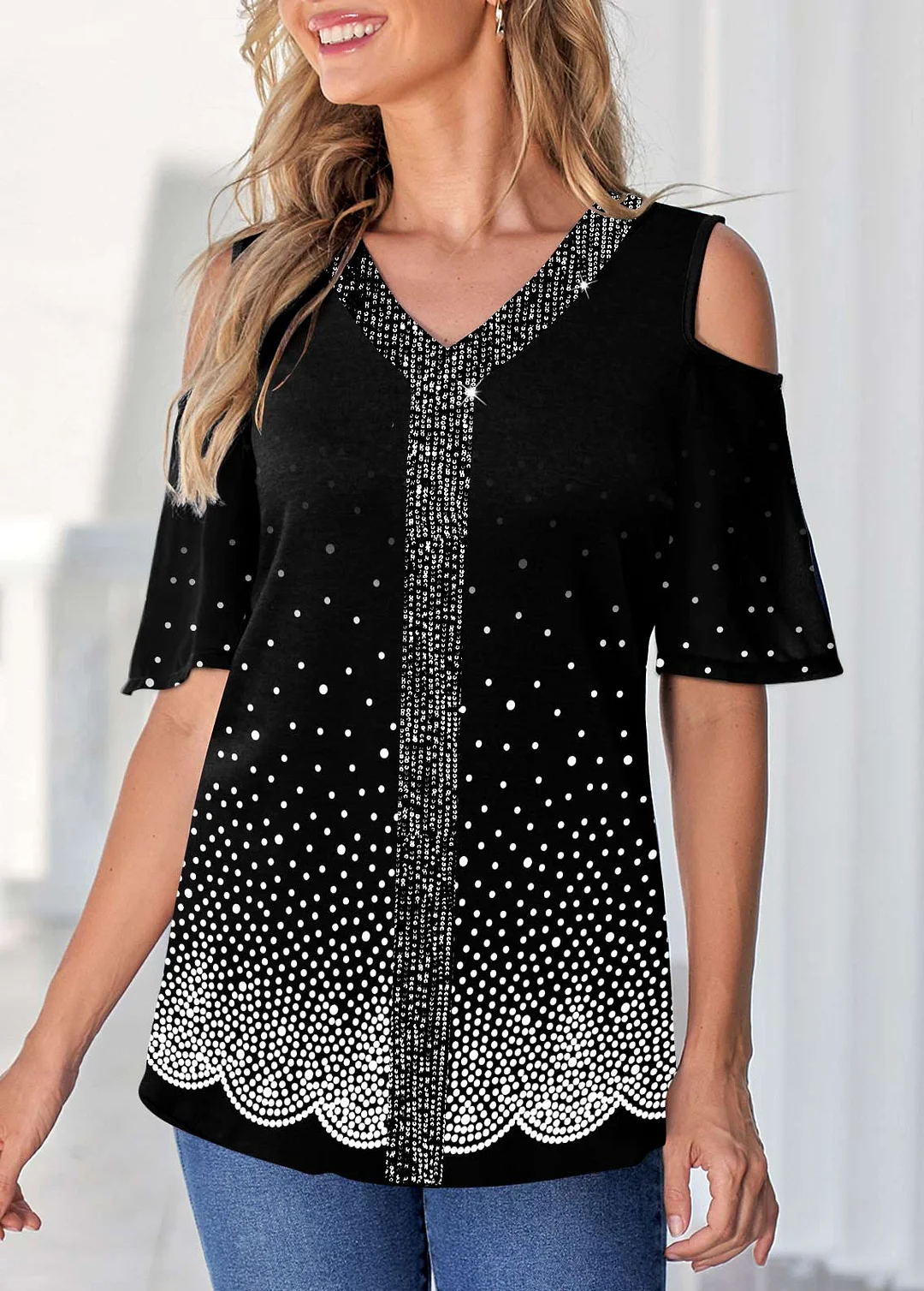 Cold Shoulder Sequin Polka Dot Black T Shirt