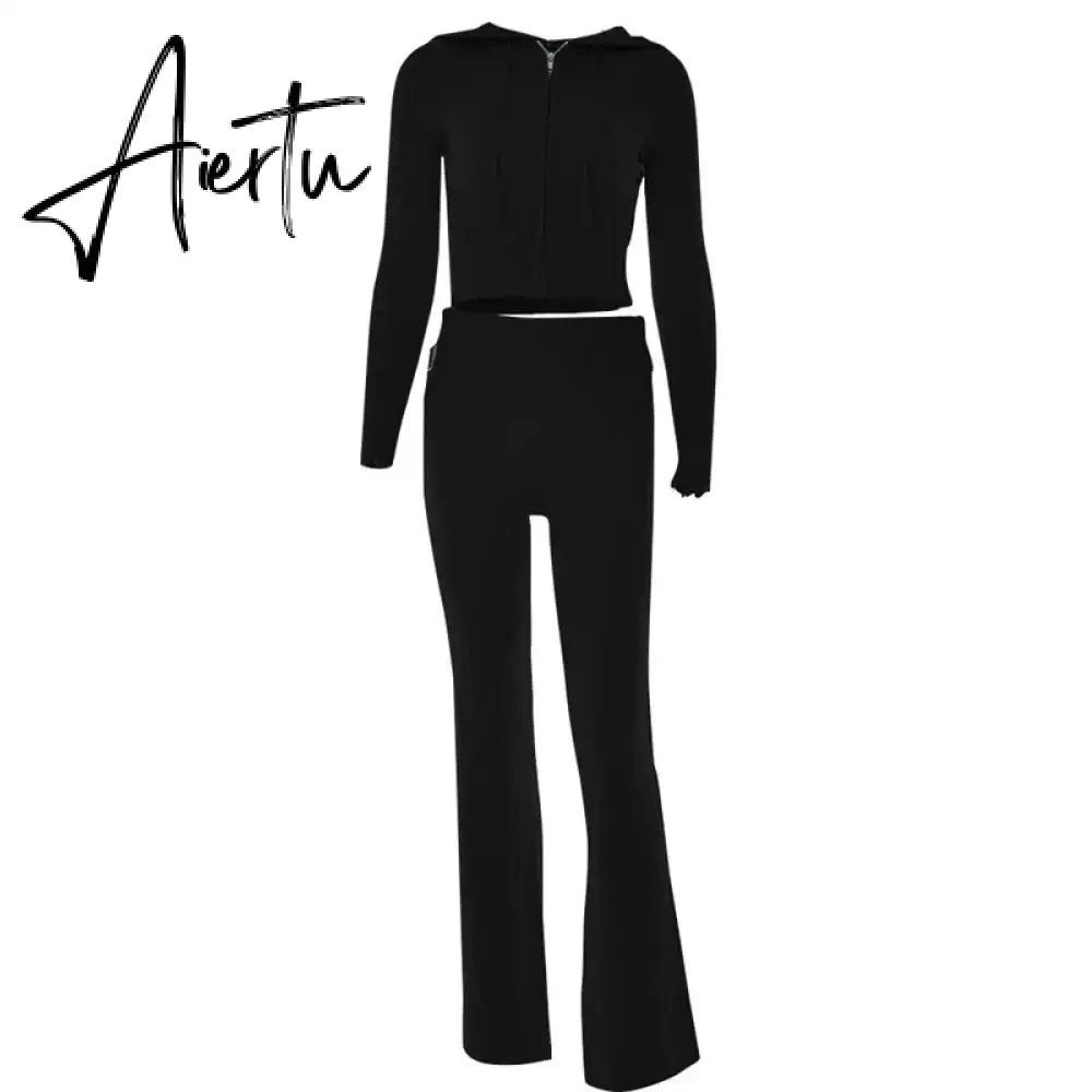 Zipper Lace-up Hoodies+Pant Sets 2023 Women Slim-fit Solid Cardigan Street Temperament Casual Femme Sweatshirt Suits Aiertu
