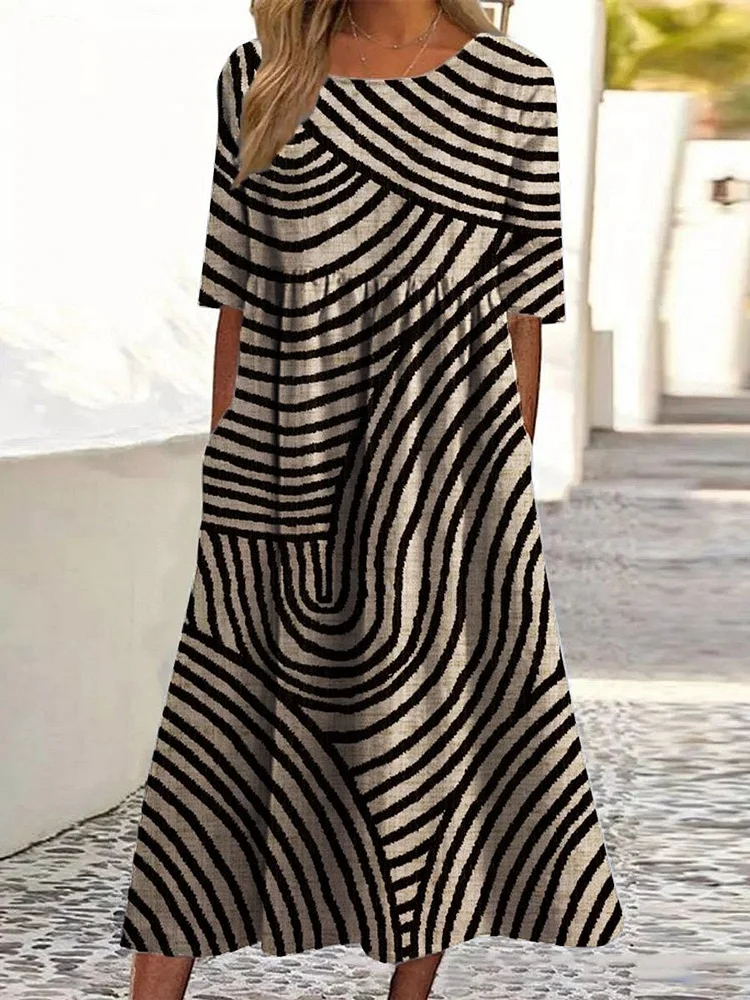 Women's Retro Hand Drawn Geometric Line Print Pocket Cotton Dress