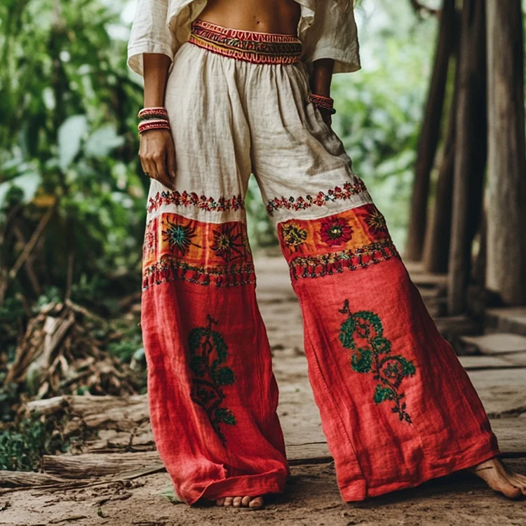 Women's Floral Embroidered Loose Linen Blend Pants