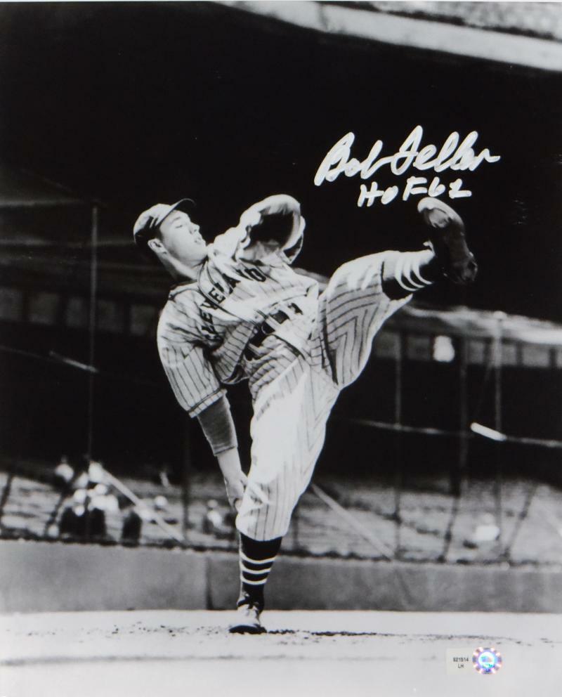 Bob Feller Signed Cleveland Indians 8x10 HOF B&W Pitching Photo Poster painting- MLB Auth*Silver