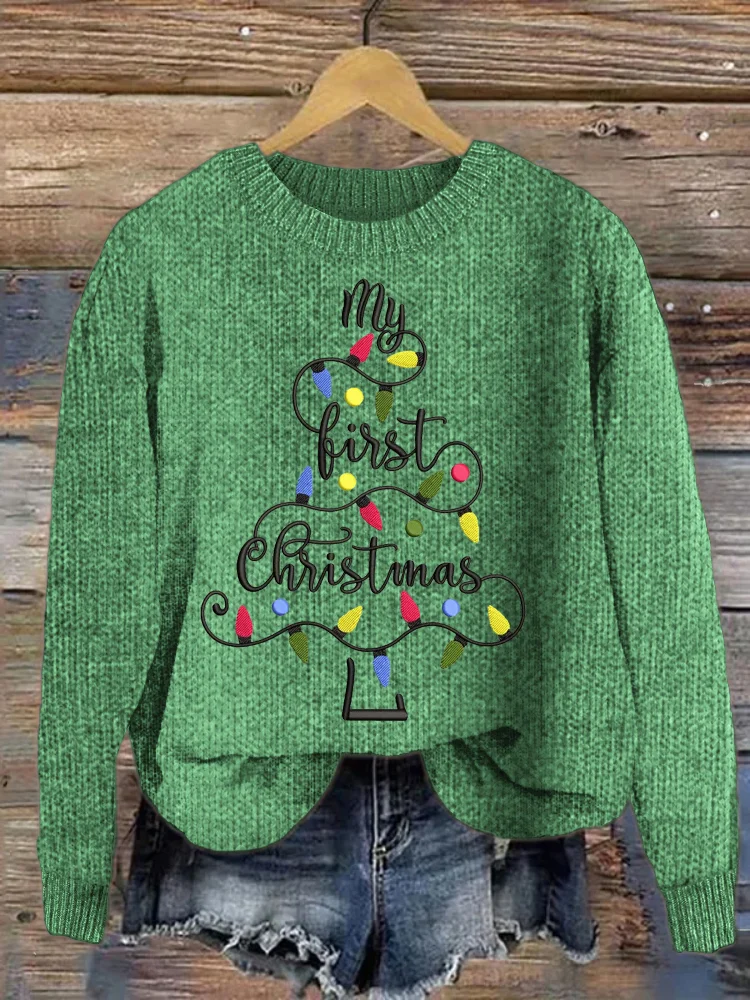 Christmas Tree Lights Embroidered Cozy Sweater