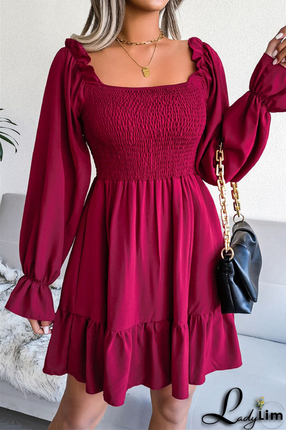 Burgundy Fashion Casual Solid Patchwork Square Collar Long Sleeve Dresses