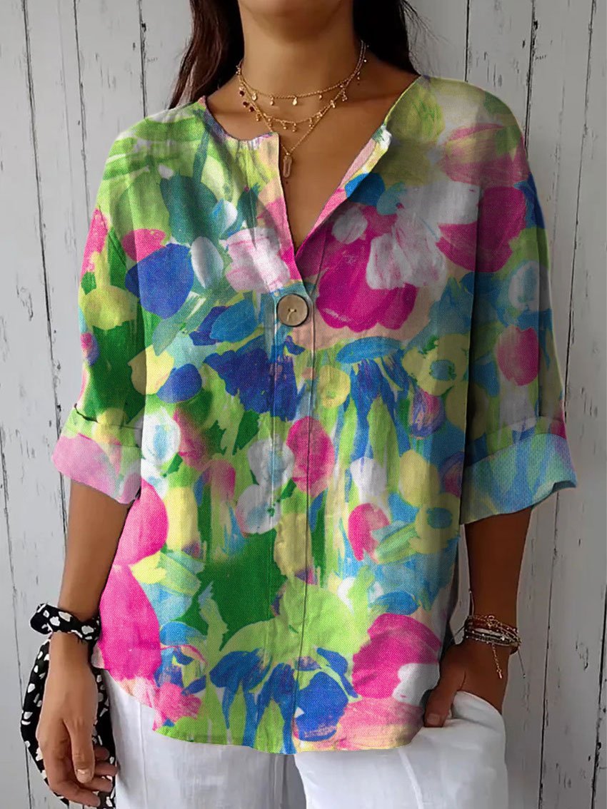 Women's Flower Print Casual Cotton Linen Shirt