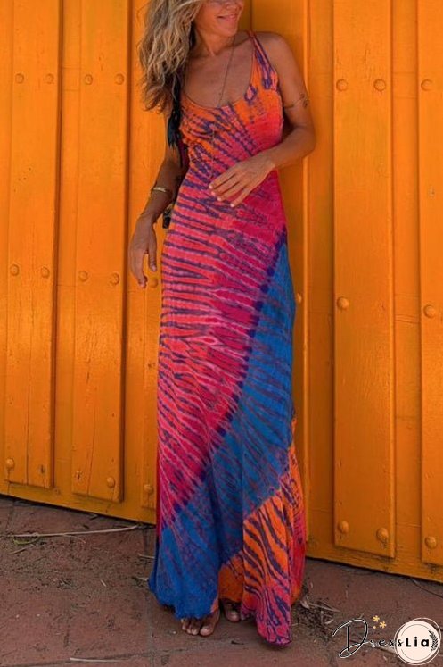 Back Criss Cross Sleeveless Color Block Tie Dye Maxi Dress