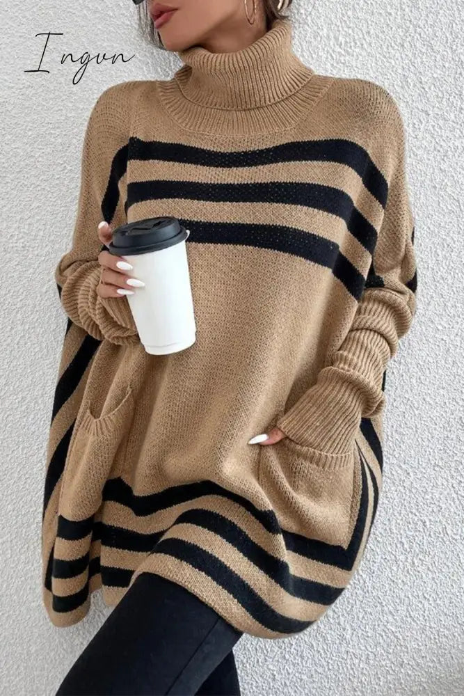 Ingvn - Street Striped Patchwork Pocket Turtleneck Tops Khaki / S Tops/Sweaters & Cardigans