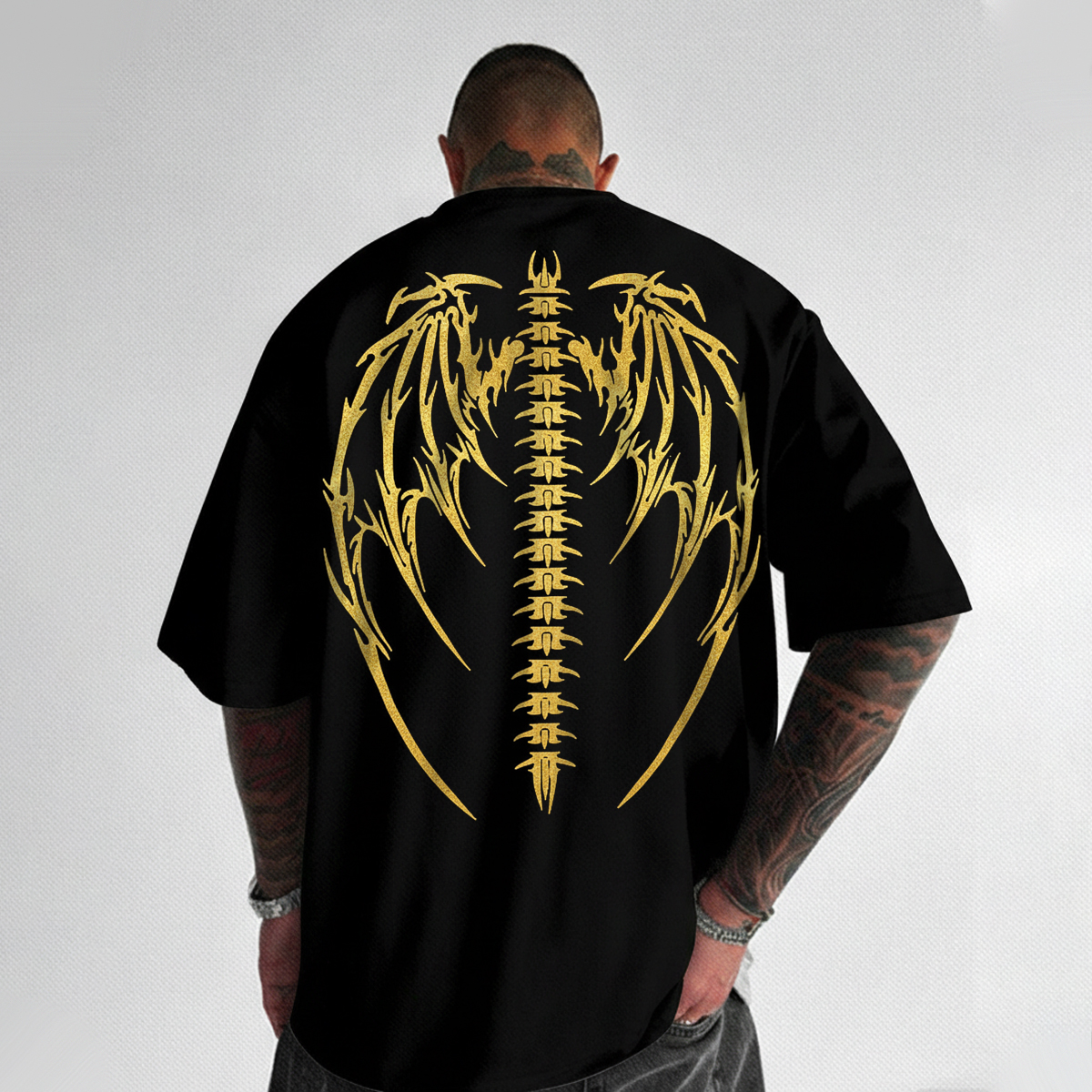 Gold Foil Dragon Wing Spine Print Cotton T-Shirt