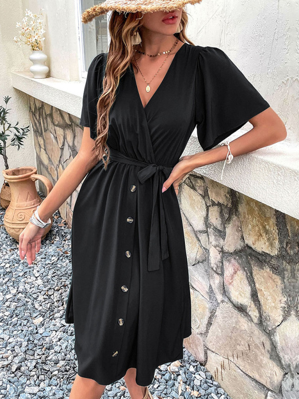 Mature Women Casual Summer Woven V Neck Short Sleeve Midi Dress