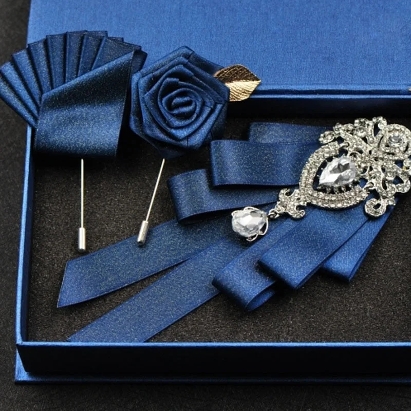 High-quality Fashion Handmade Red Diamond Bow Tie Wedding Collar Bowtie Brooch Pocket Towel Square Set Gifts for Men Accessories