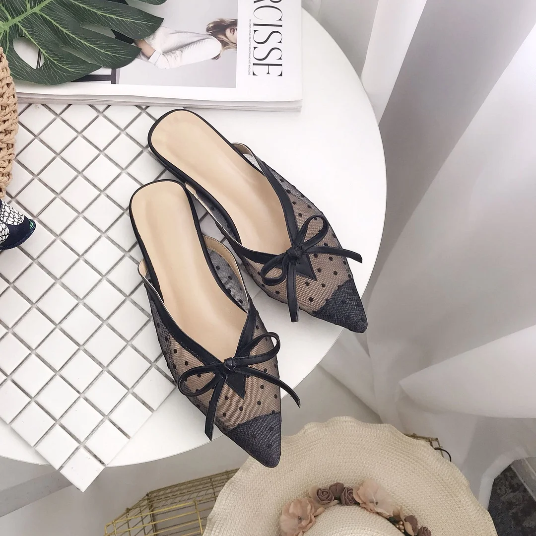 2019 New Korean version of the red lace net yarn wave point pointed flat bottom half drag Muller shoes  slippers women