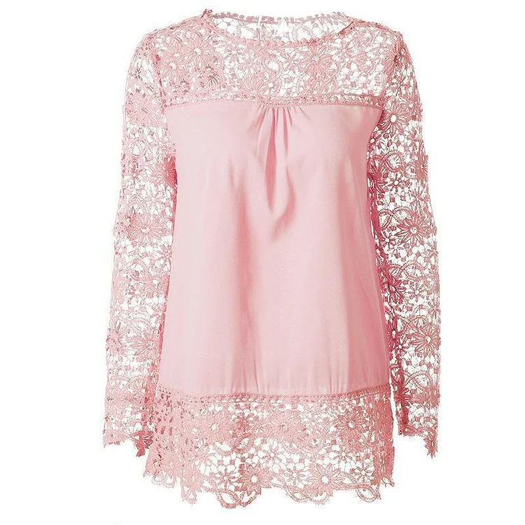 Chiffon Long Sleeve Solid Crew Neck Lace Blouse