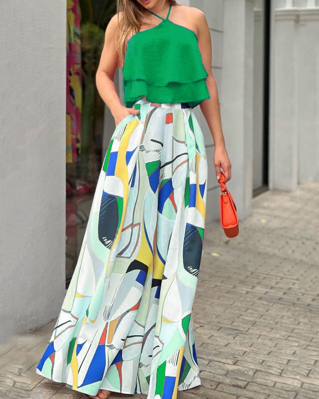 Sleeveless Double Layer Top Printed Trousers Two-Piece Set