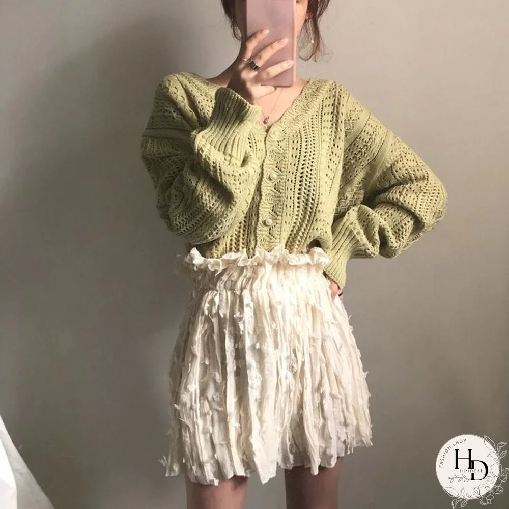 Women Spring Summer Sweater And Cardigans Low V-Neck Knit Tops Long Sleeve Hollow Out Sexy Cardigan Loose White Tops