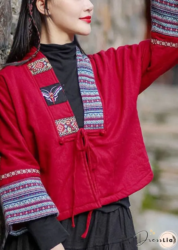 Handmade Red V Neck Embroideried Lace Up Warm Fleece Jacket Winter