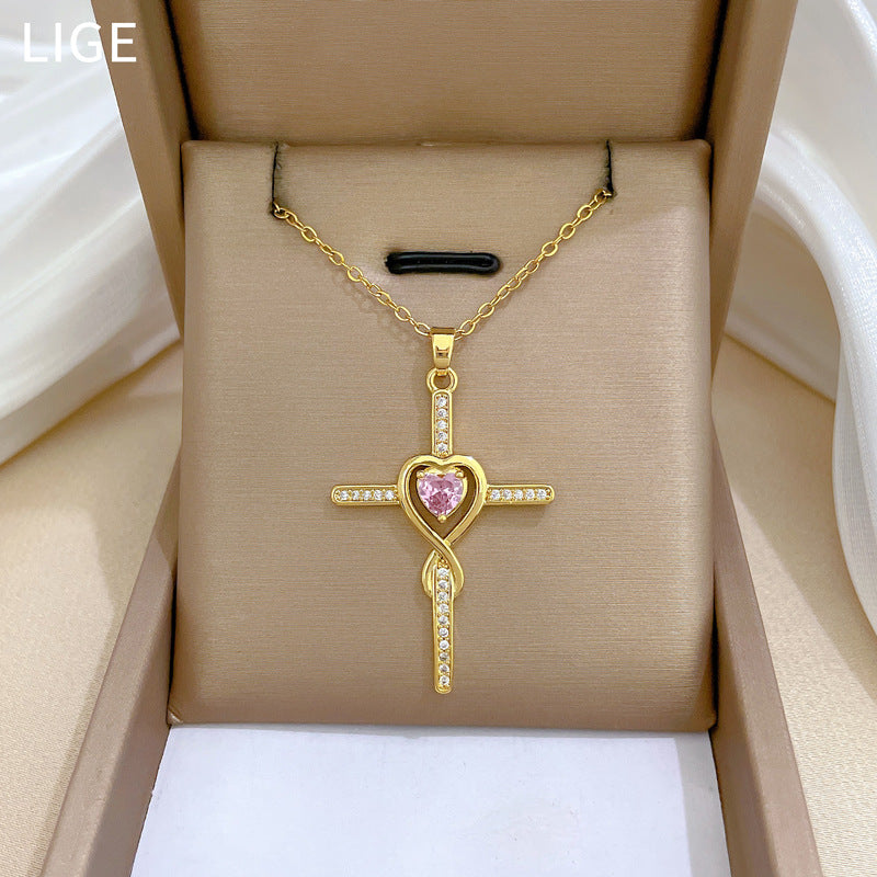 Cross Full Diamond Gorgeous Full Diamond Necklace Women'S Versatile Clavicle Chain Titanium Steel Chain