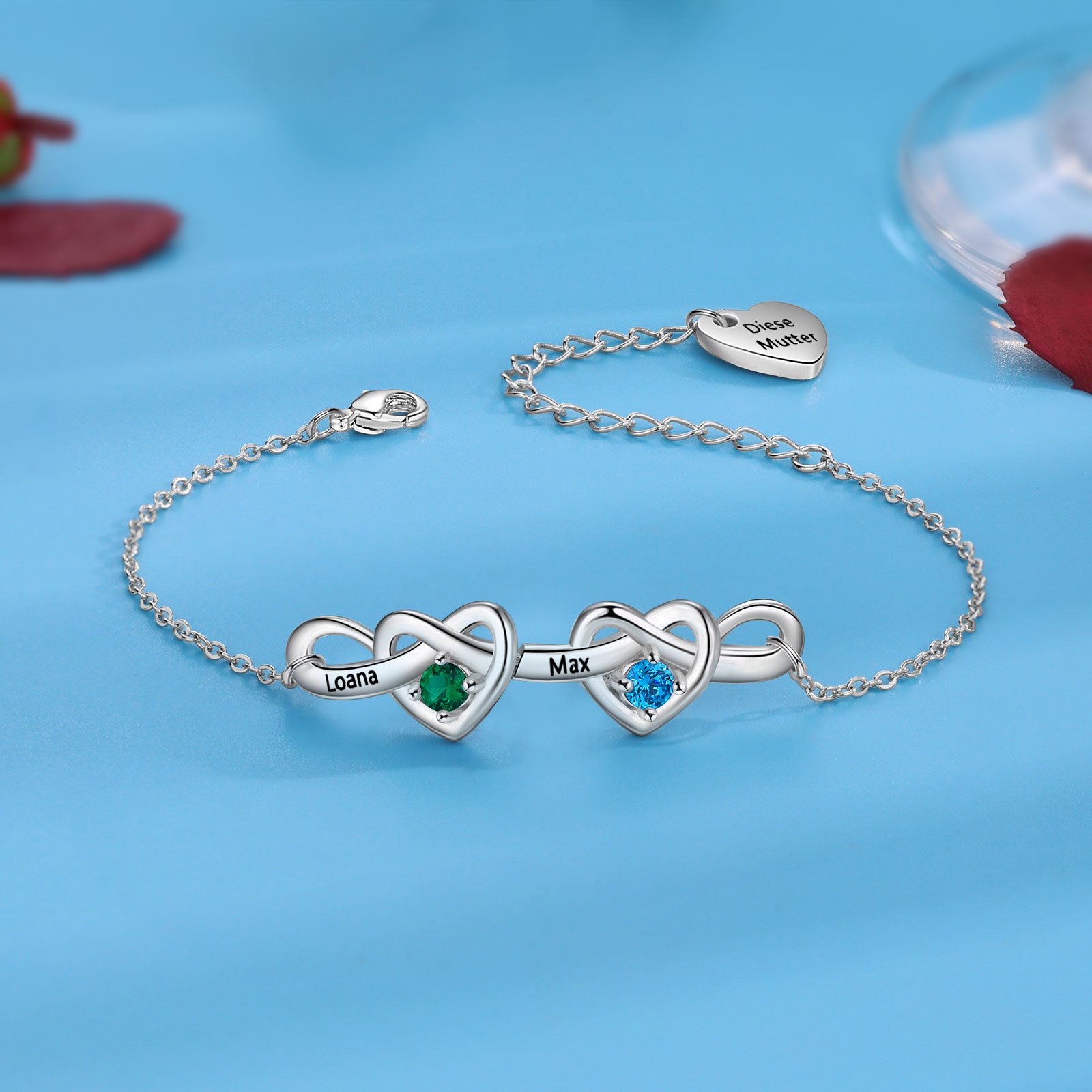 2 Names - Personalized Linked Heart Bracelet Custom 2 Birthstones Engraved Text Bracelets