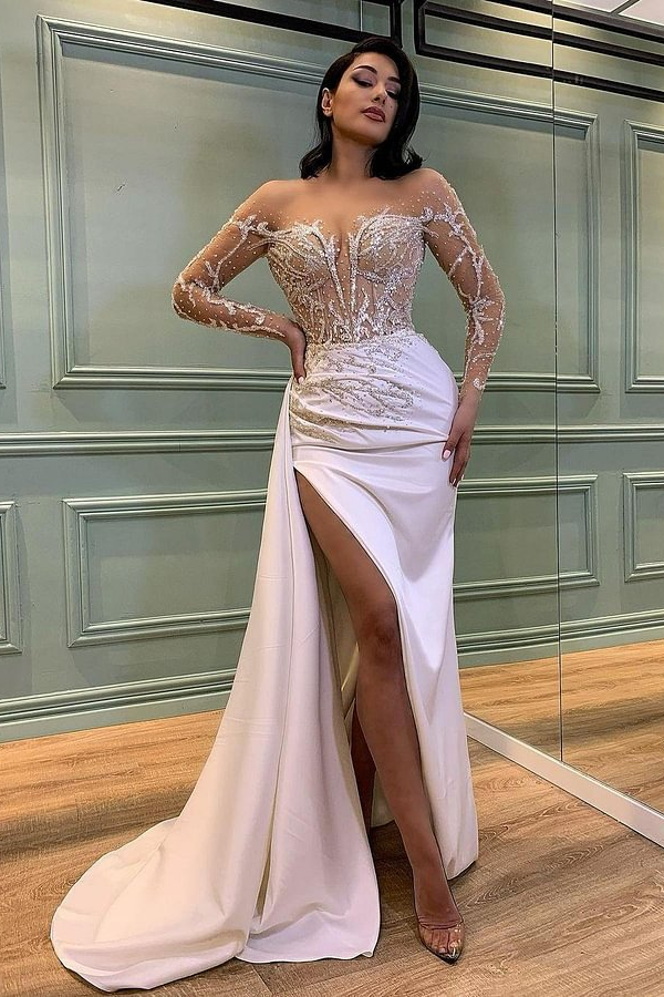 Lisliy Chic Stain Lace Long Sleeve Split Prom Dress with Beaded