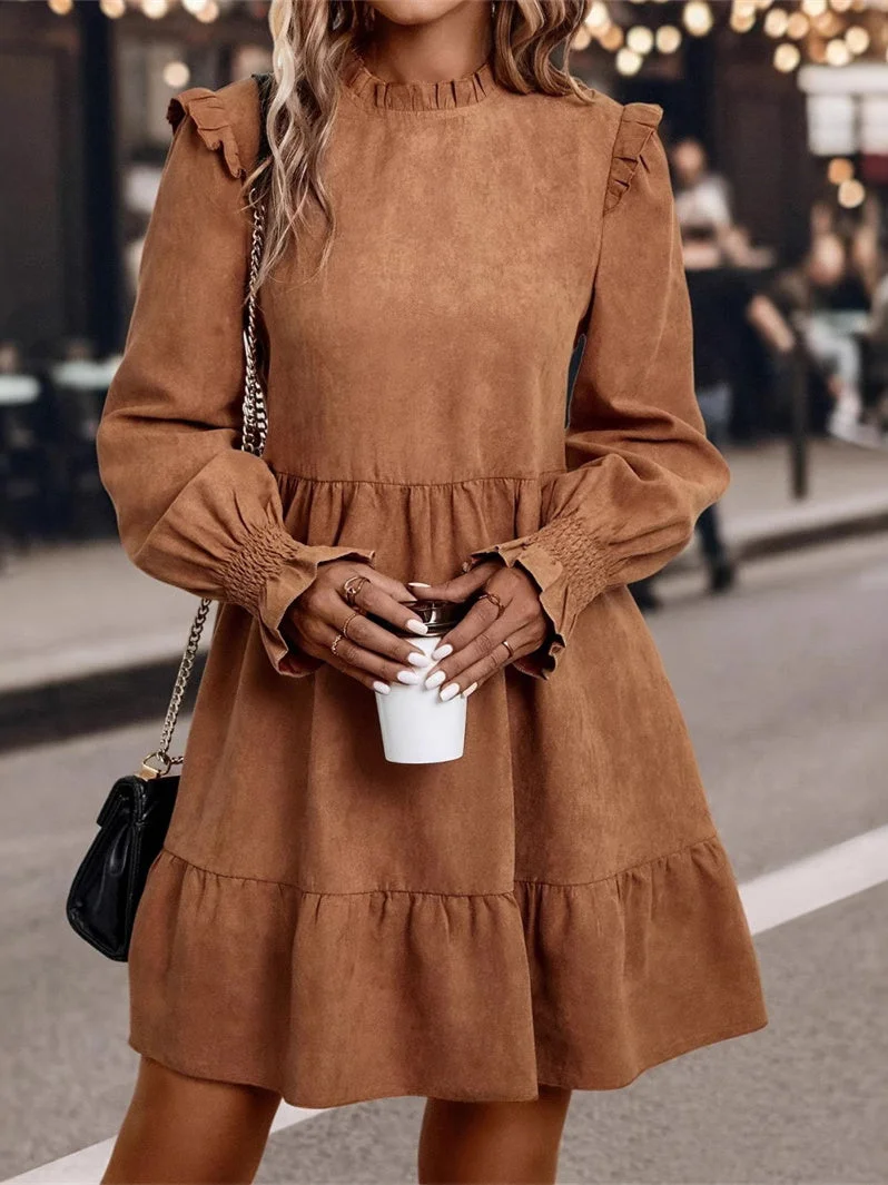 Women's Long Sleeve Scoop Neck Solid Color Temperament Midi Dress