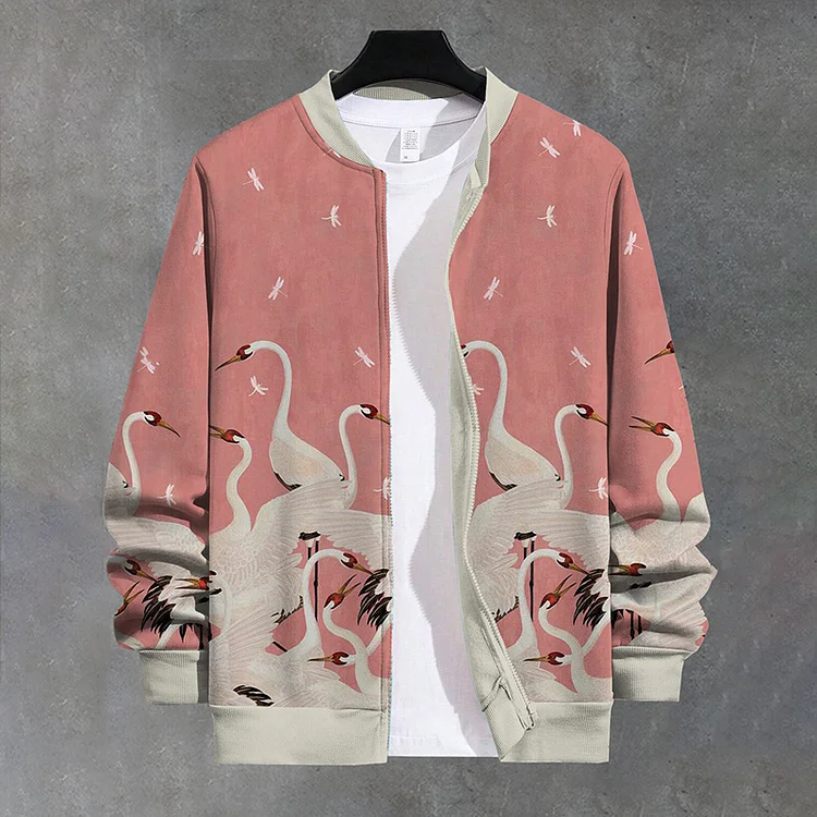 Men's Japanese Art Crane Graphic Zipper Baseball Jacket