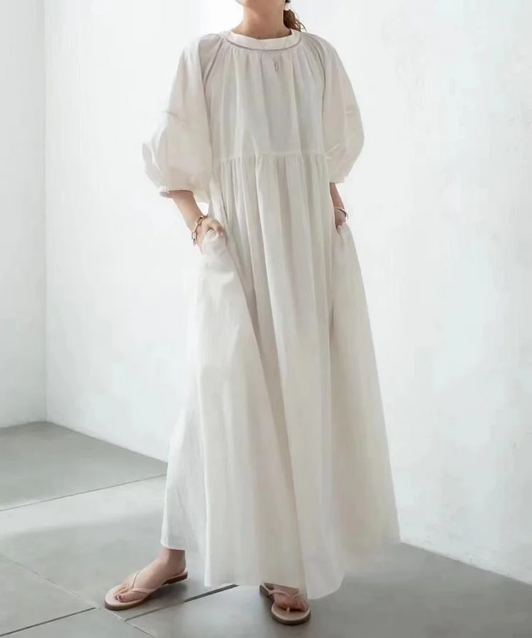 Loose Solid Color Lantern Sleeve Maxi Dress