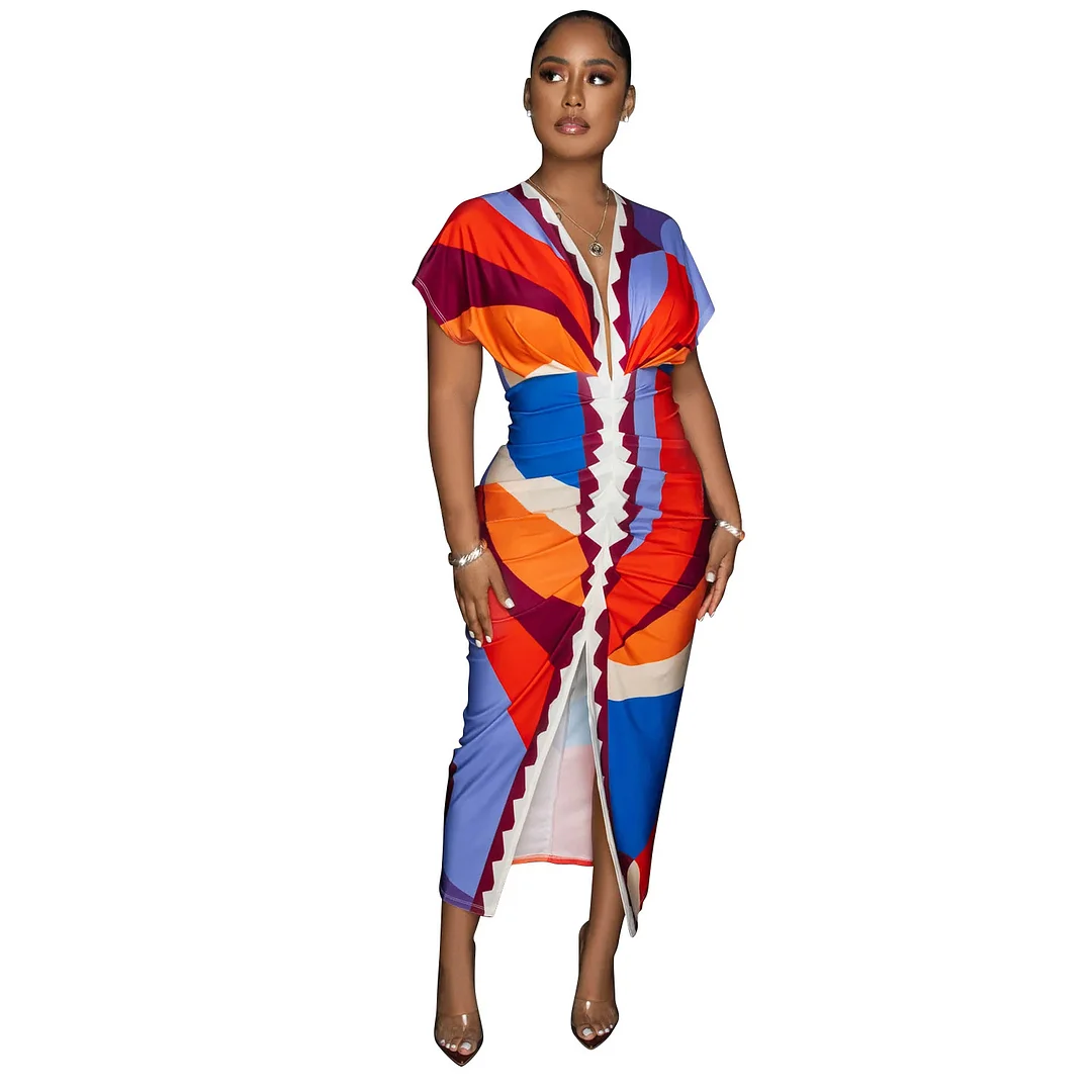 Churchf Churchf Fashion Women's V-Neck Print Slit Pleated Skirt Dress