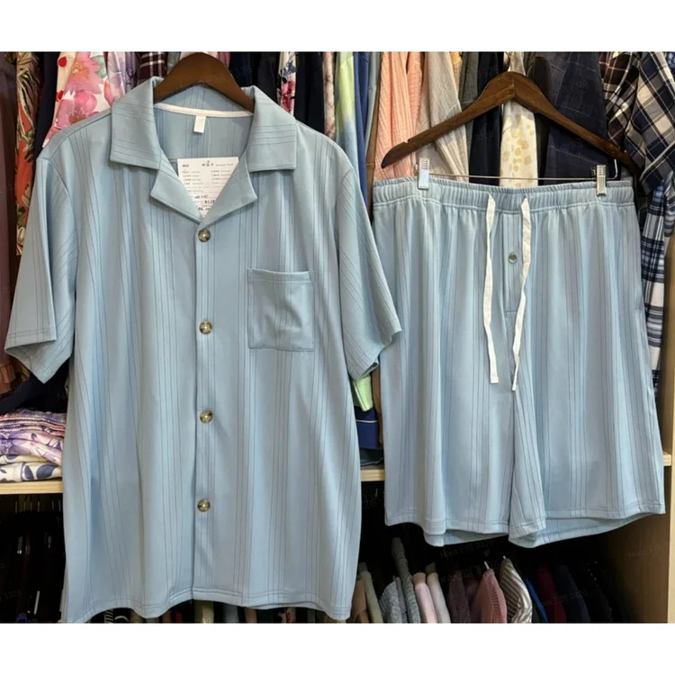 VULCANODON Mens Pajamas Set, Lightweight Button-Down Short Sleeve Sleepwear 2-Piece for Men (Grey Blue, L)