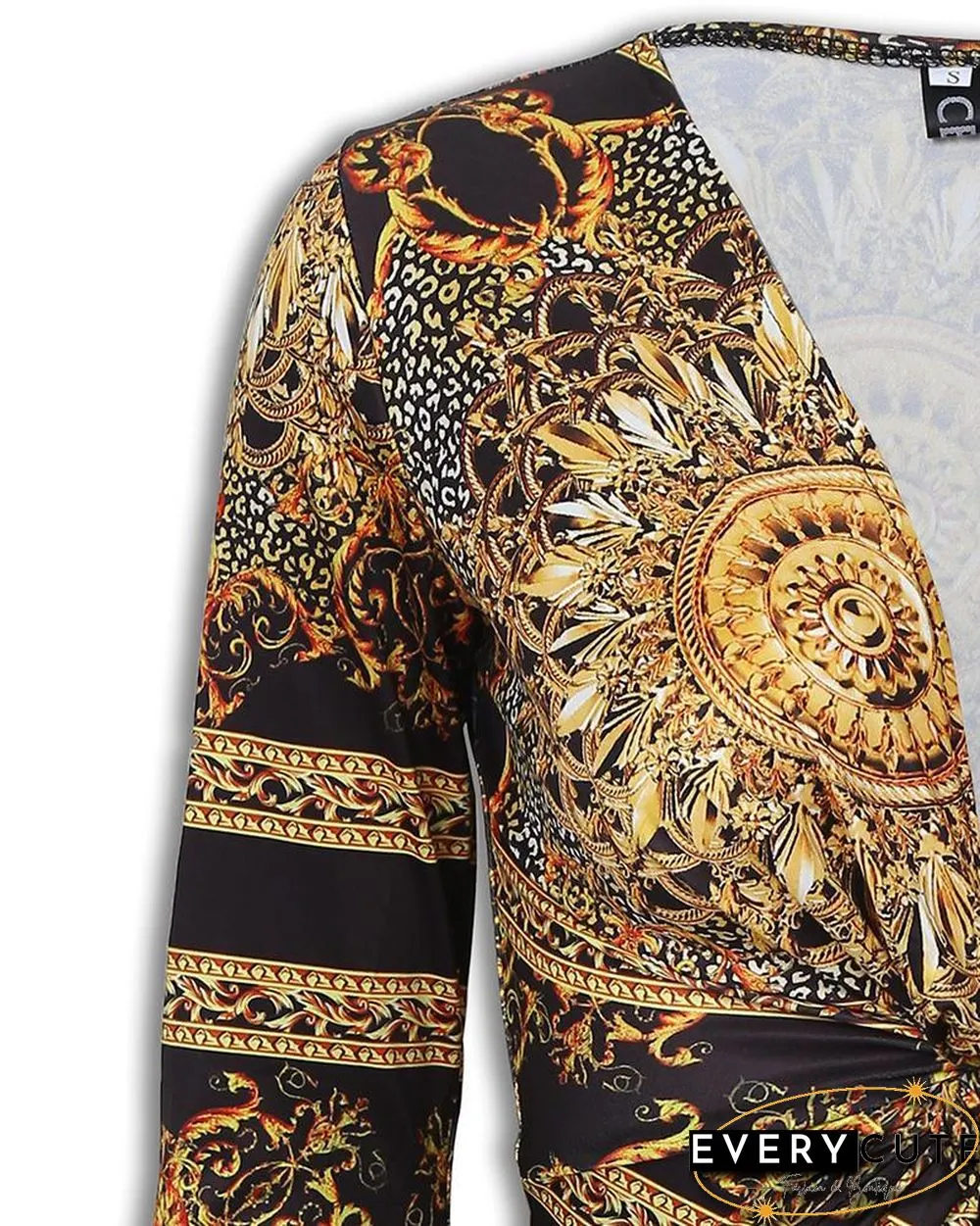 Retro Print Twist Front Long Sleeve Dress P14364