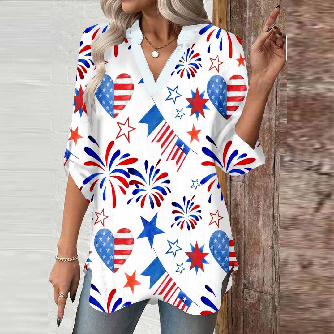 Women  Independence Day, Star, Striped, Blue, Red DZGA0222 3/4 Sleeve V-neck Printed Graphic Button Tops