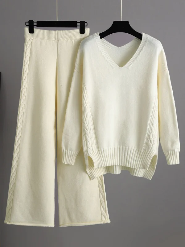 Stylish Loose Long Sleeves Solid Color V-Neck Sweater Tops& Wide Leg Pants Two Pieces Set
