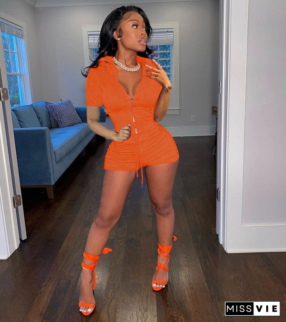 Short Sleeve Zipper Up Top Biker Shorts Tracksuit