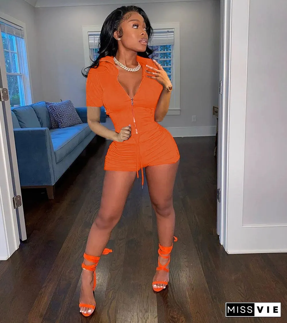 Short Sleeve Zipper Up Top Biker Shorts Tracksuit