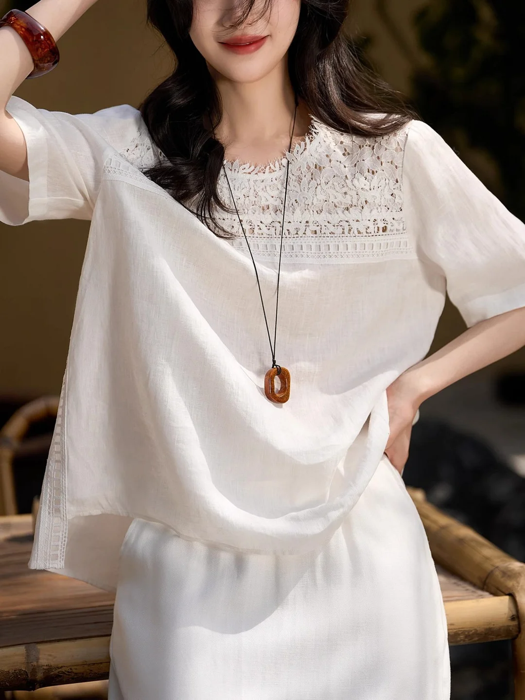 Athvotar Athvotar Dream Floating Heavy Industry Lace + Loose Short-Sleeved Collar Shirt Women's Top 25 Summer New Solid Loose Leisure Wind