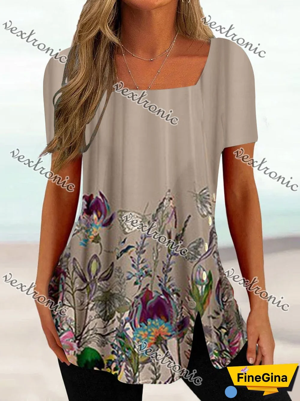 Women's Short Sleeve U-neck Floral Printed Graphic Button Top