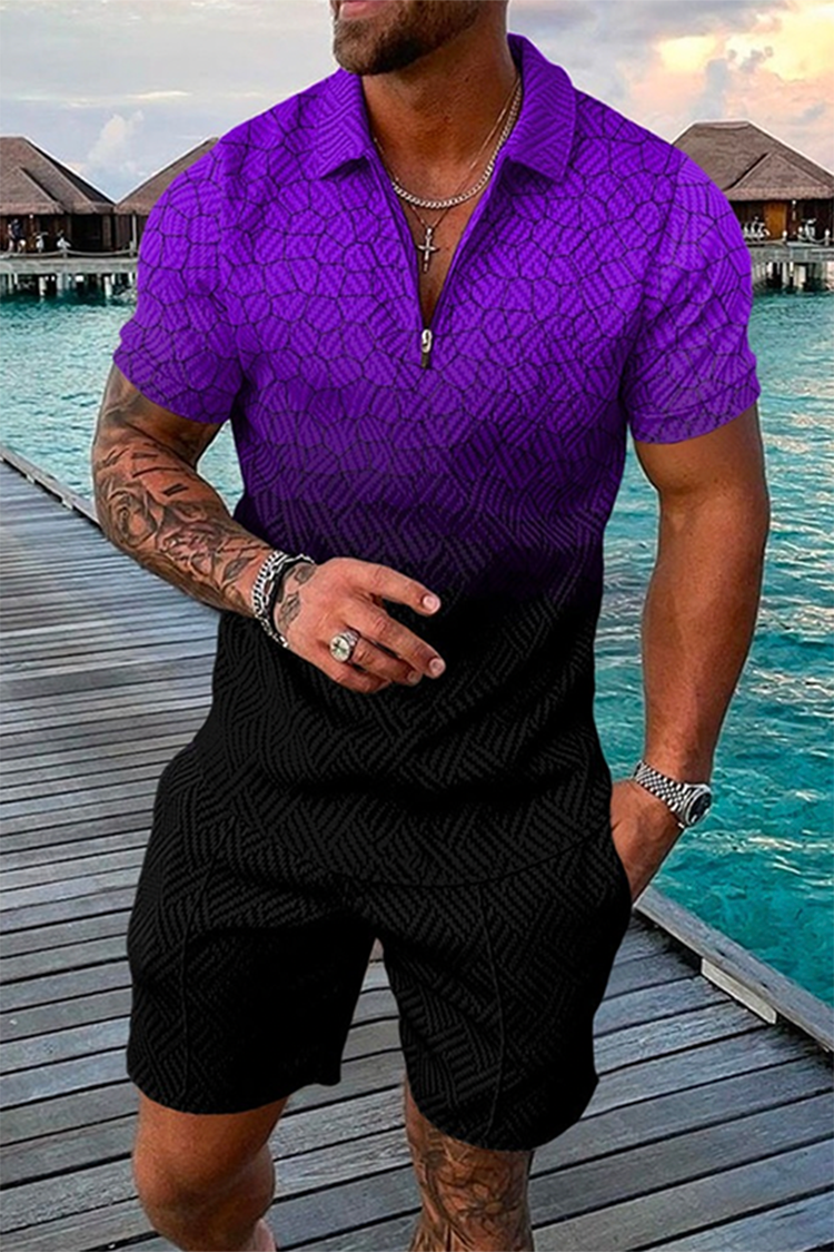 Tiboyz Men's Outfits Gradient Print Short Sleeve Polo And Shorts Set