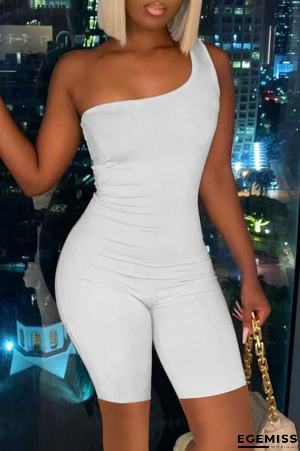 White Fashion Sexy Solid Backless One Shoulder Skinny Romper | EGEMISS