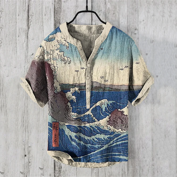 Japanese Landscape Art Pattern Linen Blend Shirt