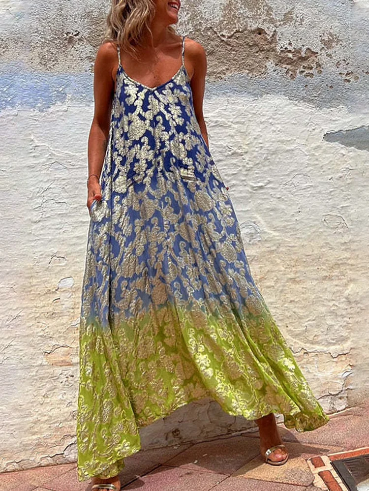 Vacation Gradient Floral Print V Neck Cami Maxi Dress