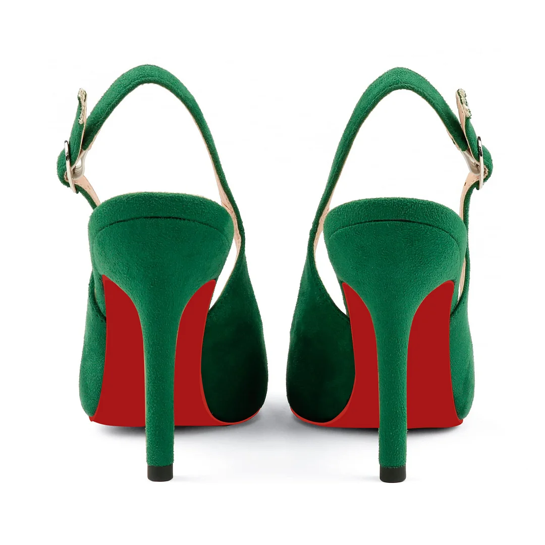 90mm Mid Heels for Women Slingback Pumps Sandals Pointed Toe Pumps Red Bottoms Suede Shoes-MERUMOTE
