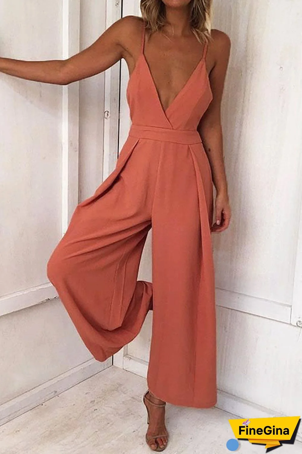 Fashion Solid Backless V Neck Loose Jumpsuits(3 colors)