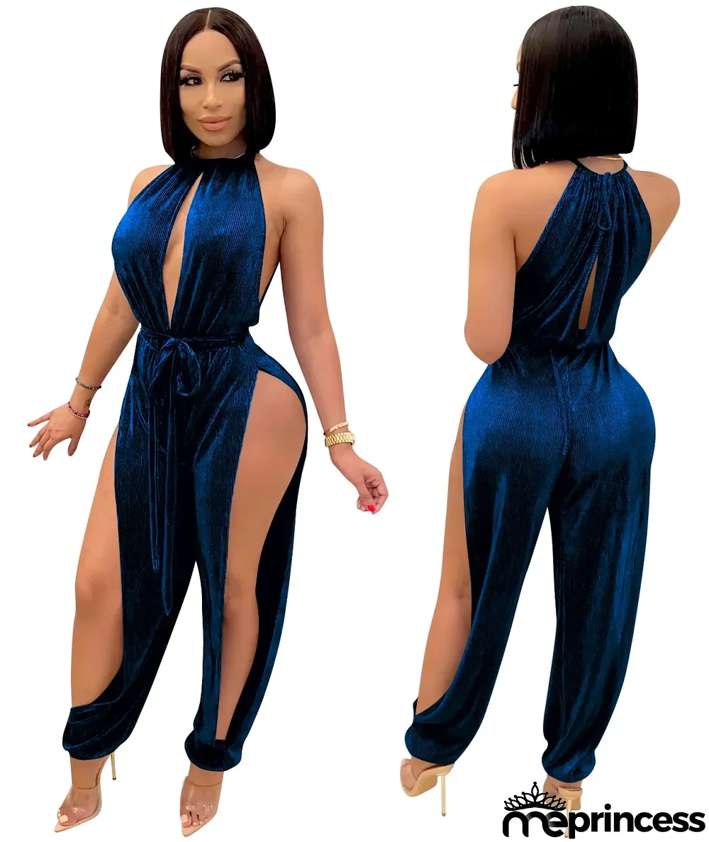 Summer Party Dancer Scoop Neck Metallic Slit Jumpsuit