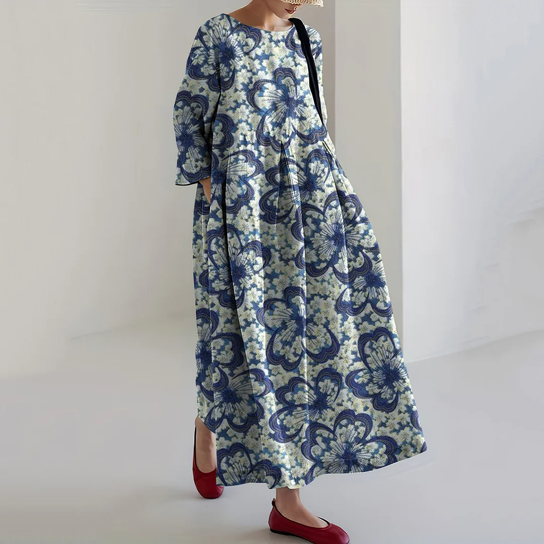 Japanese Art Sakura Print Loose Midi Dress